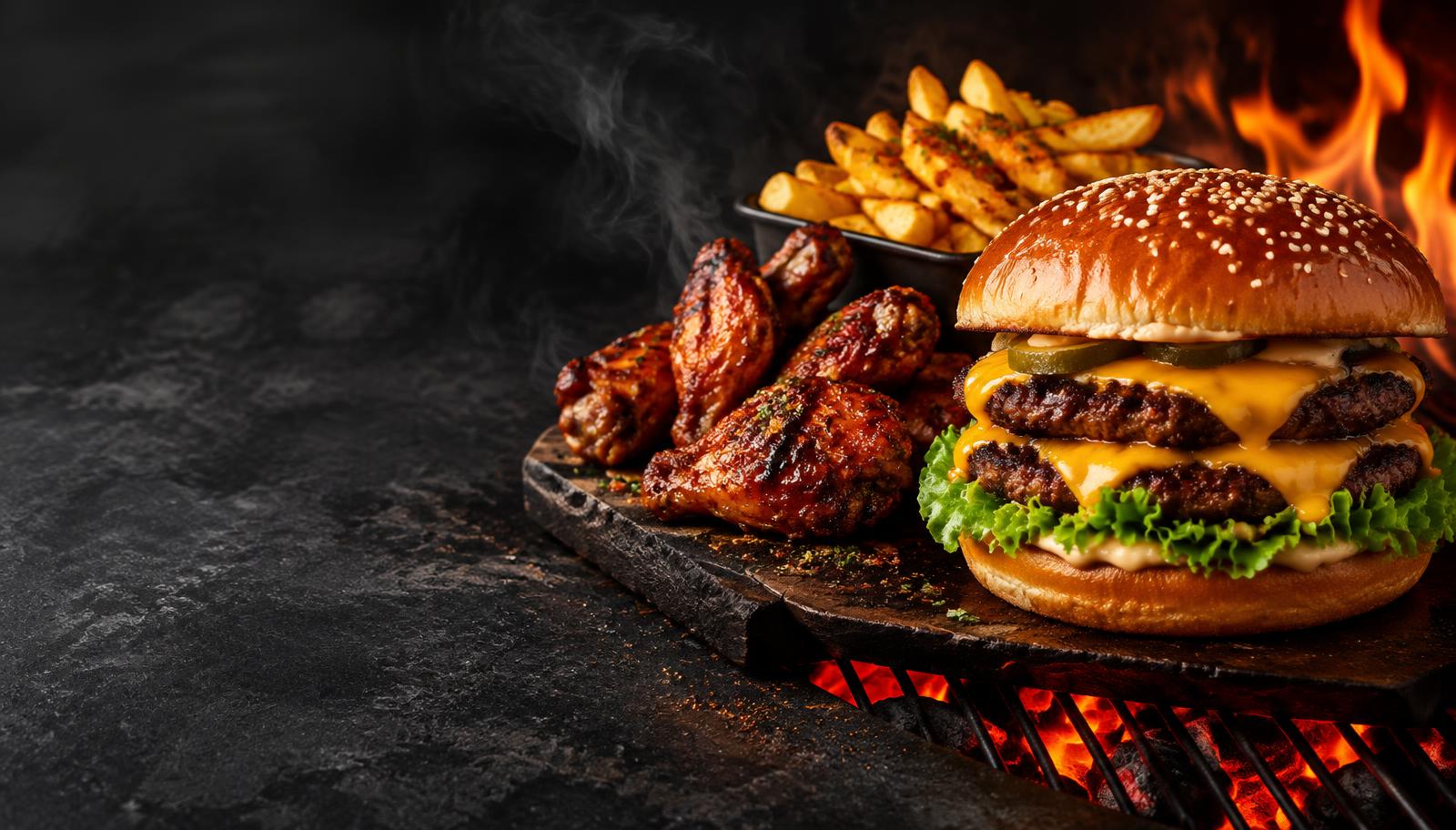Double smash burger, flame-grilled chicken wings and peri chips